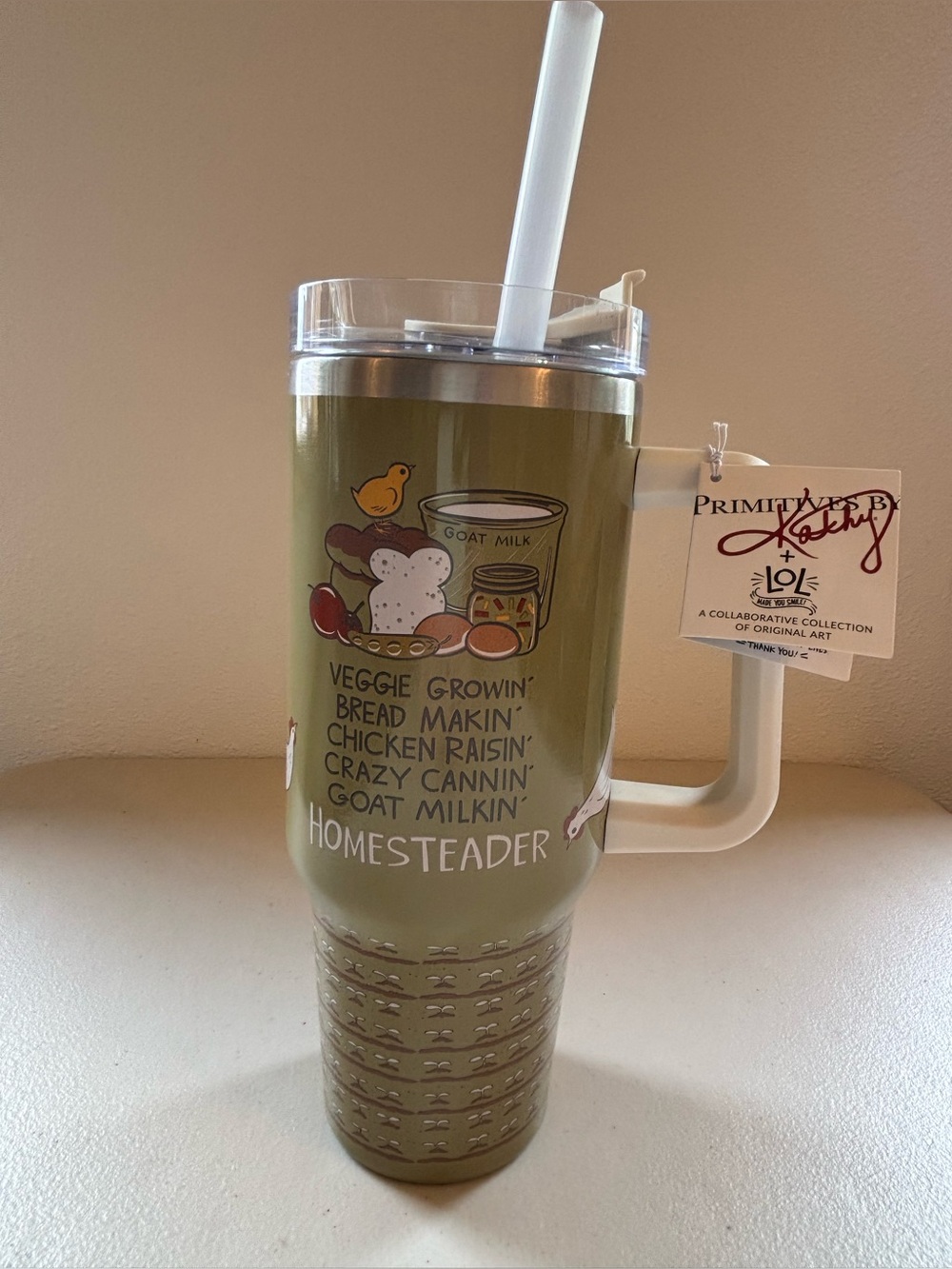 Primitives by Kathy Cream and Clear Travel Tumbler with Straw
